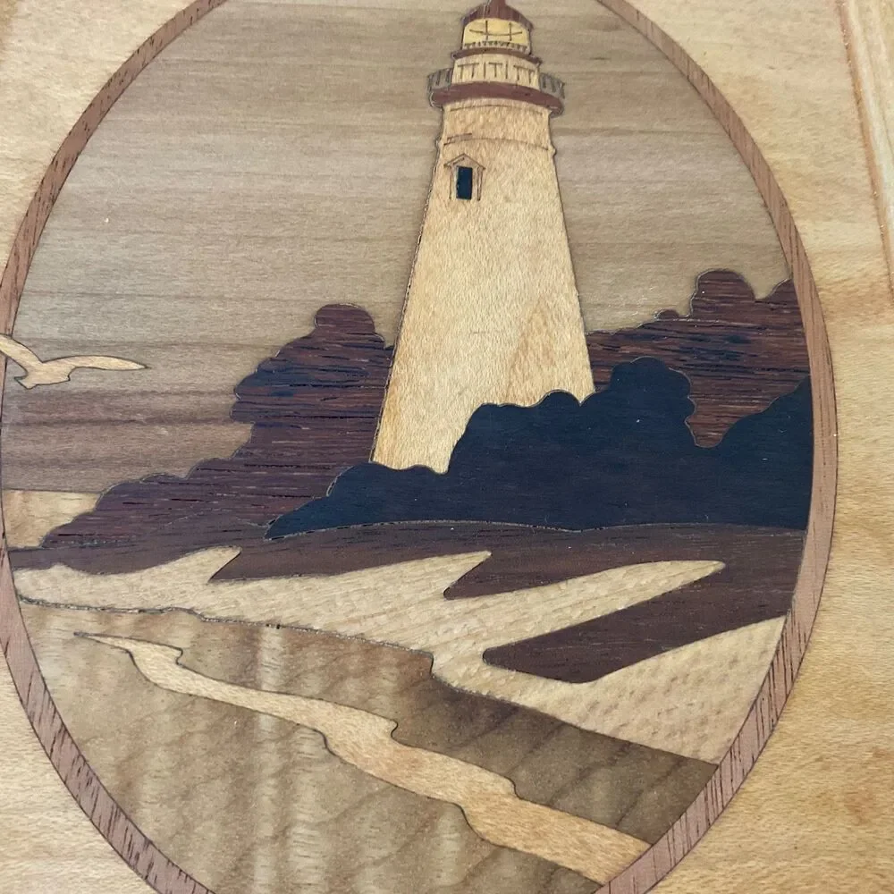Hudson River Framed Wood Inlay Marquetry Lighthouse Picture Jeff Nelson artwork